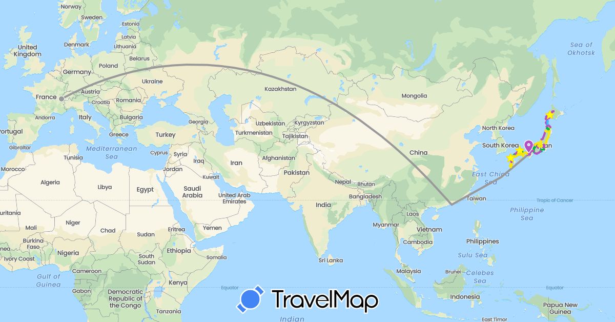 TravelMap itinerary: driving, bus, plane, train, boat, shinkansen in Switzerland, China, Japan (Asia, Europe)